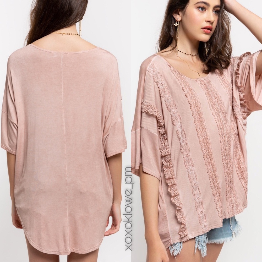 1 S POL Pink Boho Lace & Ruffle Short Sleeve Knit Top - Picture 4 of 8